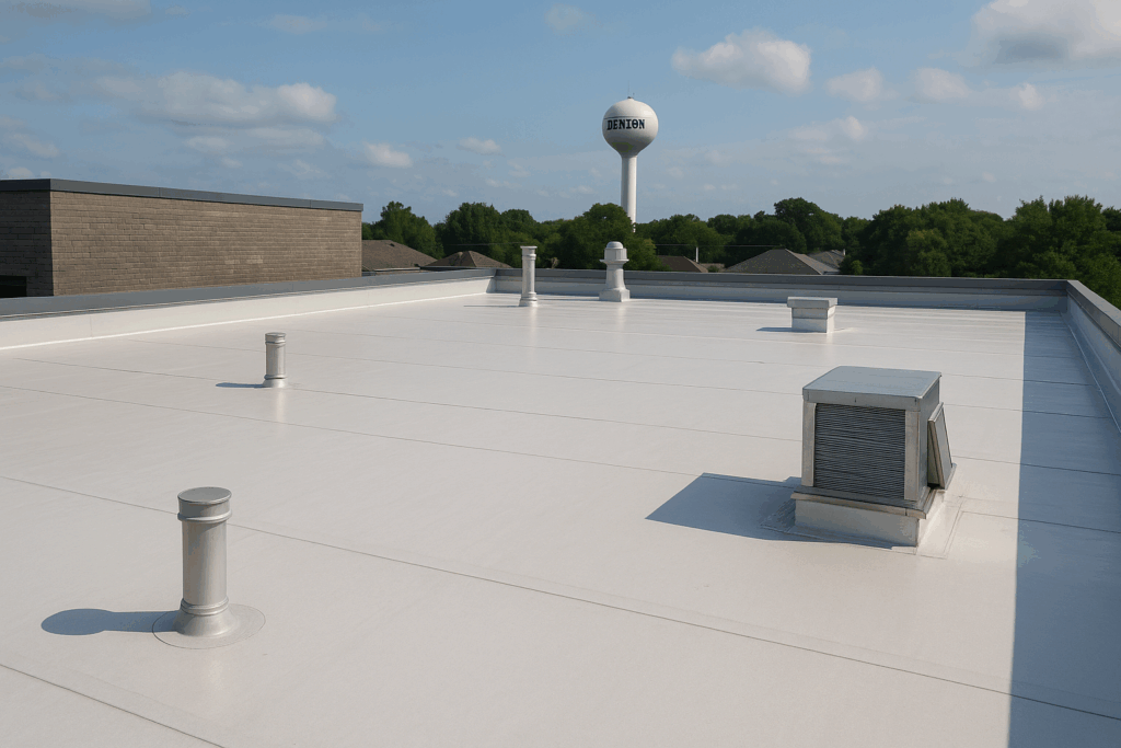 Flat roof with ventilation and water tower