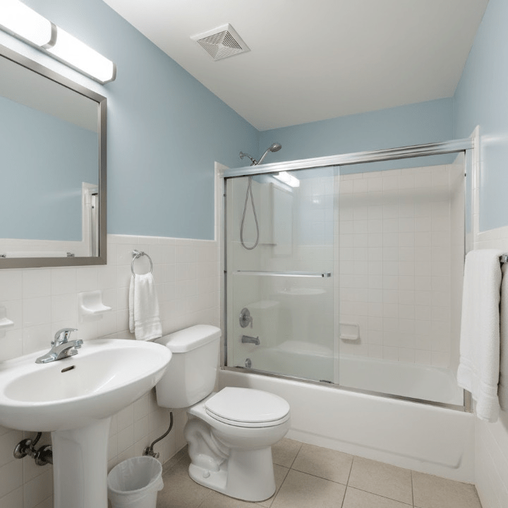 Clean bathroom with shower and sink