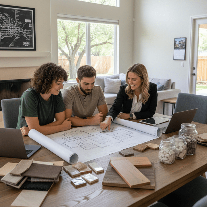 Home remodeling consultation showing blueprints and material samples at a Denton home