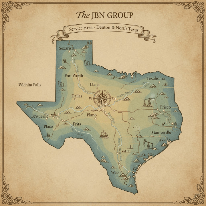 Map showing The JBN Group service area around Denton and North Texas
