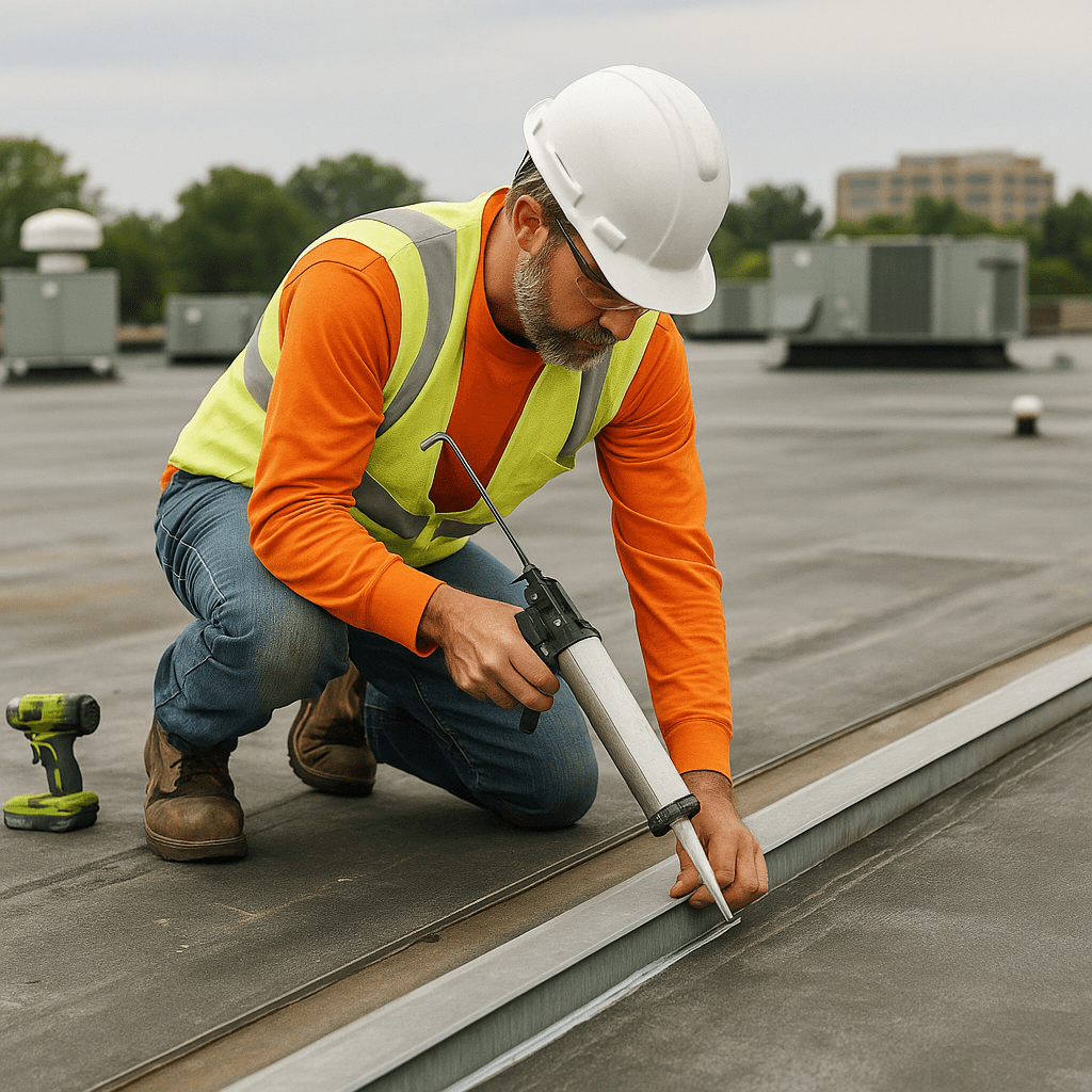 Worker applying sealant on roof