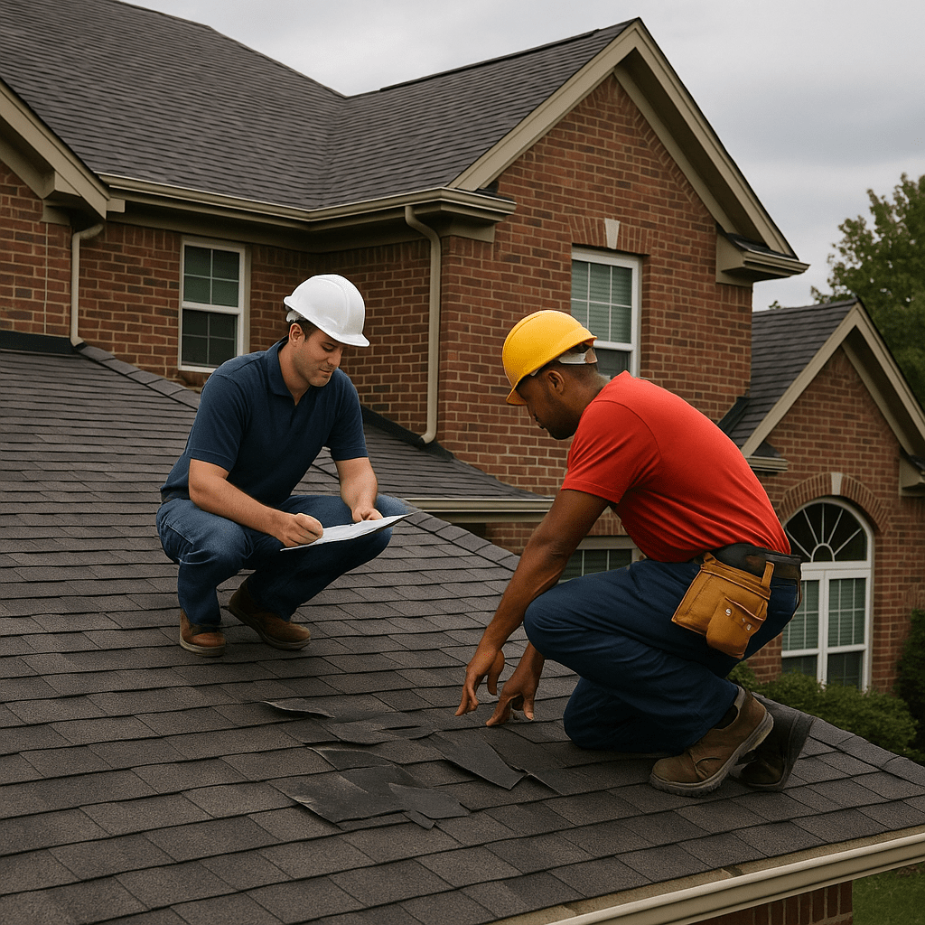 Inspecting damaged roof shingles together