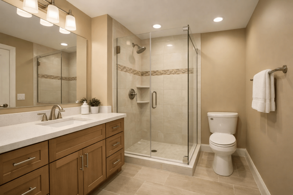 Mid range bathroom remodel Denton TX featuring tile flooring updated vanity and glass shower with modern finishes