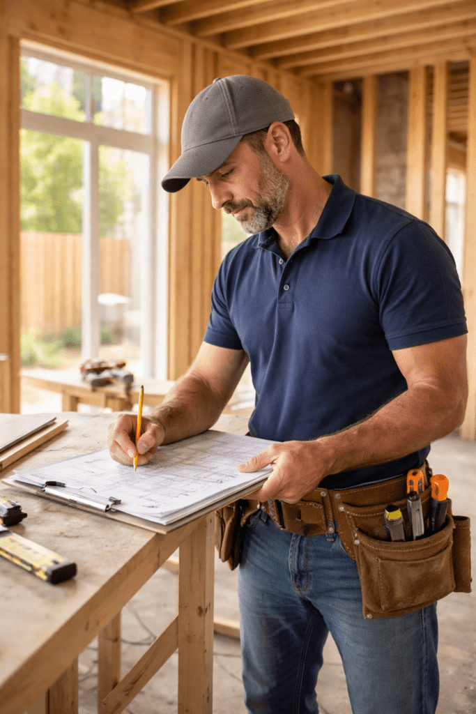 Contractor reviewing construction plans
