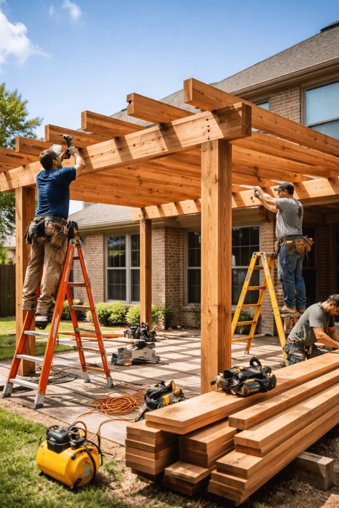 Professional contractors installing a cedar patio cover framing stage with exposed beams