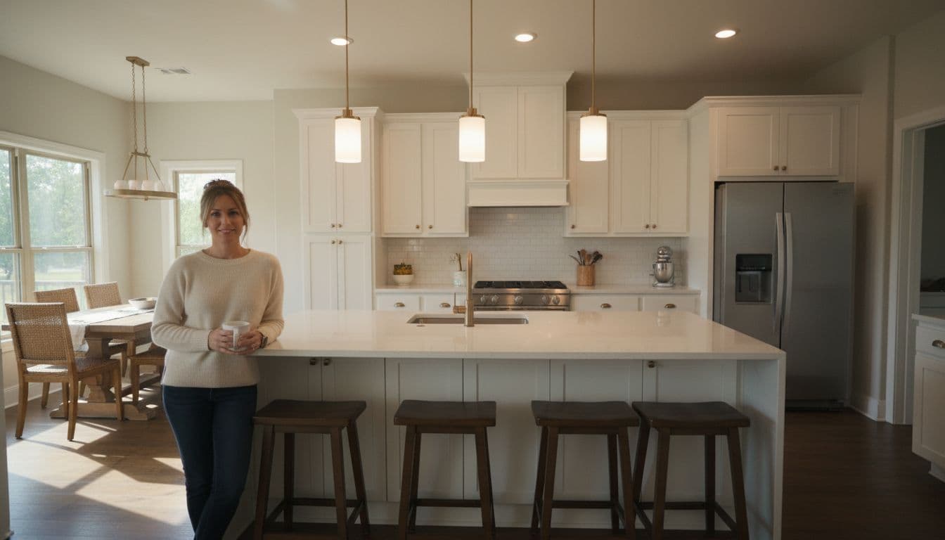 Modern mid-range kitchen remodel in a cozy Aubrey, Texas home featuring white shaker-style cabinets, large quartz island with bar stools, stainless steel appliances, subway tile backsplash, and pendant lights. Open layout with one homeowner standing relaxed by the island holding a coffee mug, cinematic style with dramatic lighting and warm tones.