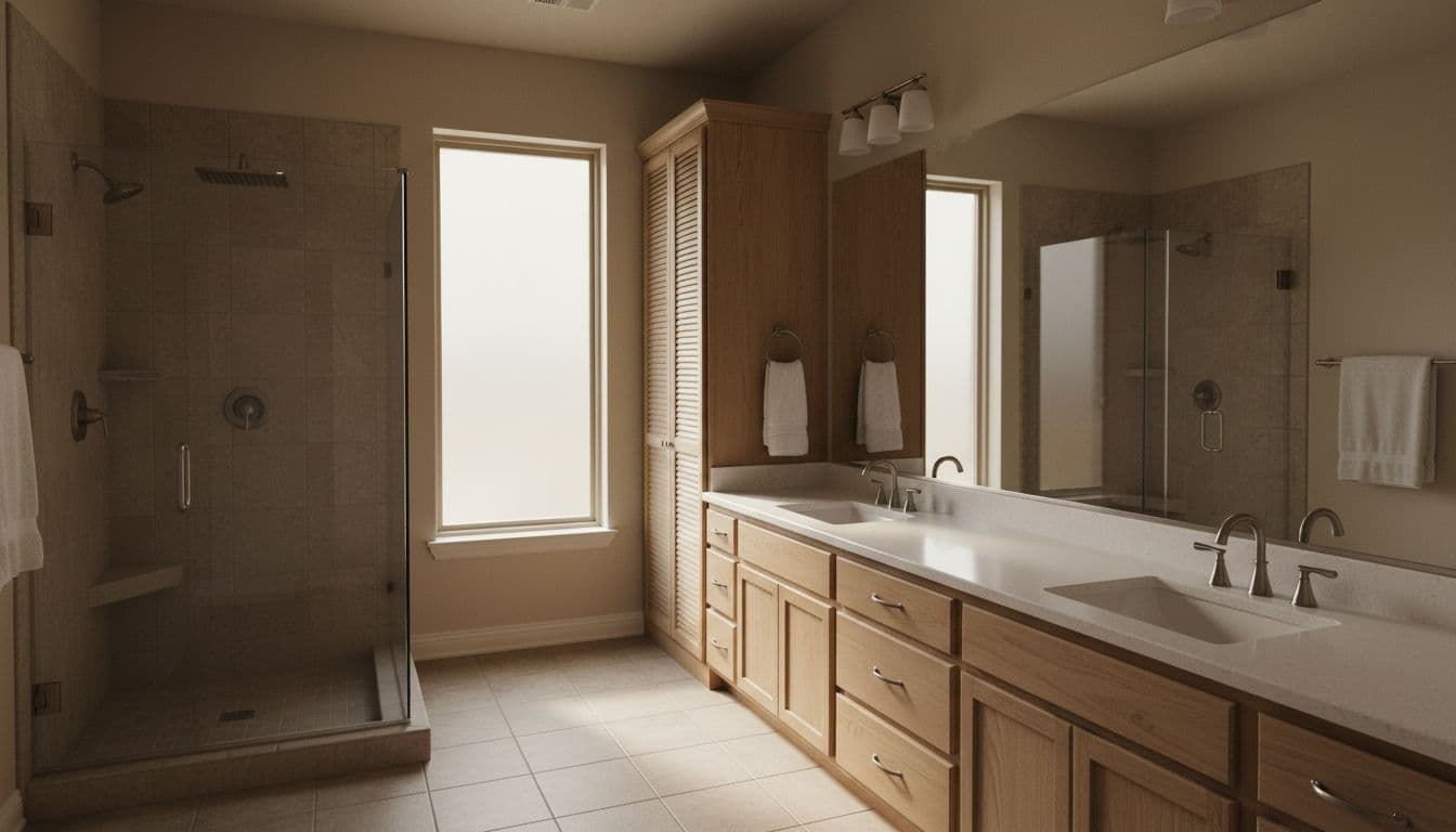 Aubrey TX Remodeling Prices Contemporary bathroom remodel in Aubrey Texas with double vanity quartz countertop large walk-in shower glass door rain showerhead neutral porcelain tiles frameless mirror and linen closet bathed in soft morning light.