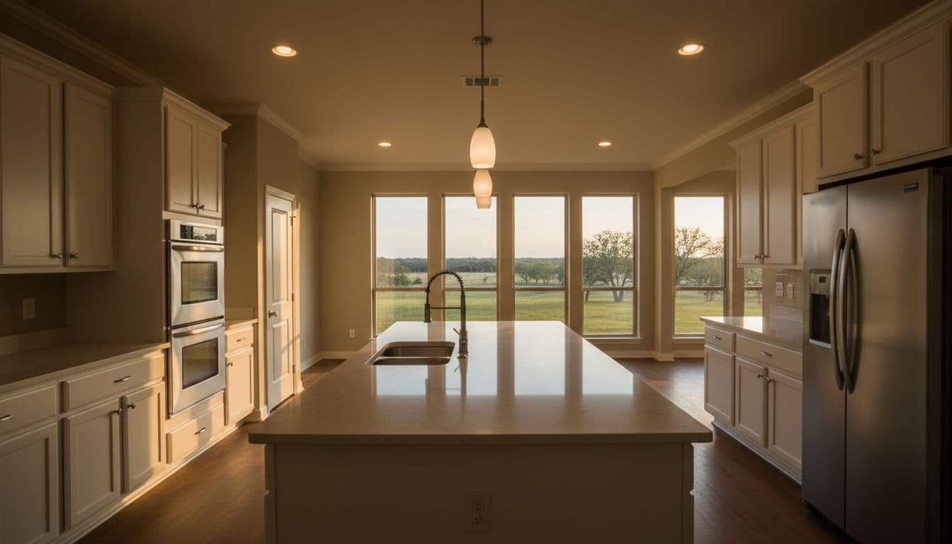 Interior of a modern mid-range kitchen remodel in a Bartonville, Texas ranch-style home featuring white shaker cabinets, quartz island countertop, stainless steel appliances, and open layout with large windows to rural Texas pasture. Centered wide-angle composition emphasizes clean lines, functionality, cinematic style with strong contrast, depth, and dramatic warm lighting.