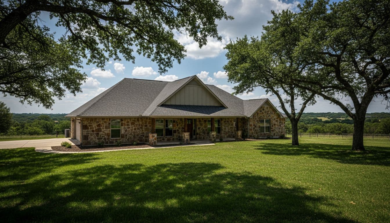 Exterior of a classic ranch-style home in Bartonville, Texas, featuring a freshly remodeled asphalt shingle roof, stone-accented porch and gable, manicured lawn, mature oak trees, and rural North Texas hill country backdrop under partly cloudy skies.