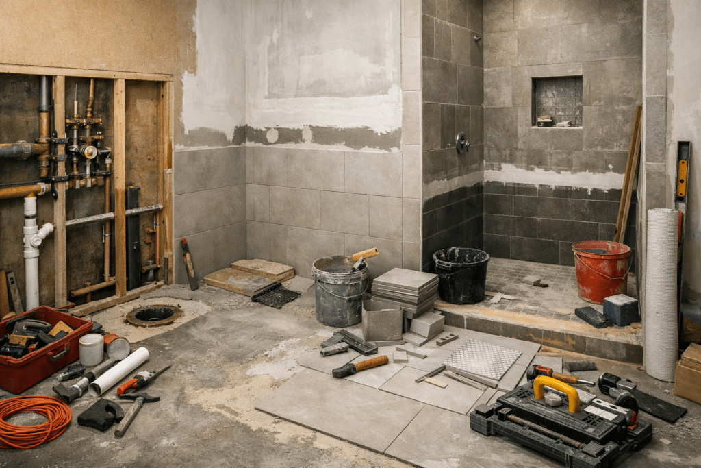 Bathroom remodel Denton TX showing renovation with exposed plumbing tile installation and partially finished walls