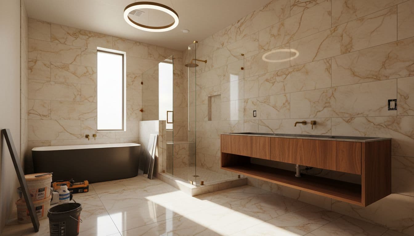 A contemporary bathroom renovation in a North Texas home, featuring a half-assembled floating vanity and tiled shower with glass door, marble-look tiles on floors and walls, illuminated by bright overhead and window light in a cinematic style with warm earthy tones.