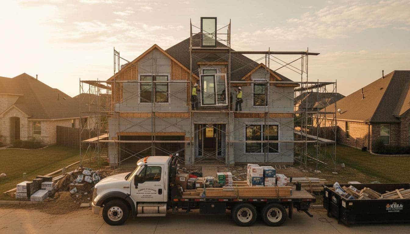 Exterior view of a two-story house in Copper Canyon TX undergoing whole home remodel, with scaffolding, two workers installing windows and siding, open interior framing visible, and materials truck nearby, captured in cinematic golden hour lighting.
