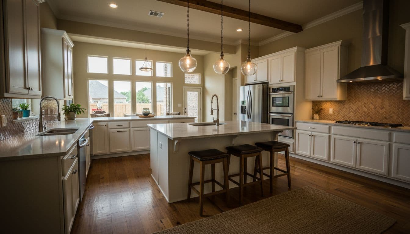 Modern mid-range kitchen remodel in a suburban Corinth, TX home featuring white shaker cabinets, quartz countertops, stainless steel appliances, large island with stools, and pendant lights in an open-plan living space with natural light from large windows. Wide-angle cinematic composition with strong contrast, depth, dramatic lighting, and warm earthy tones.