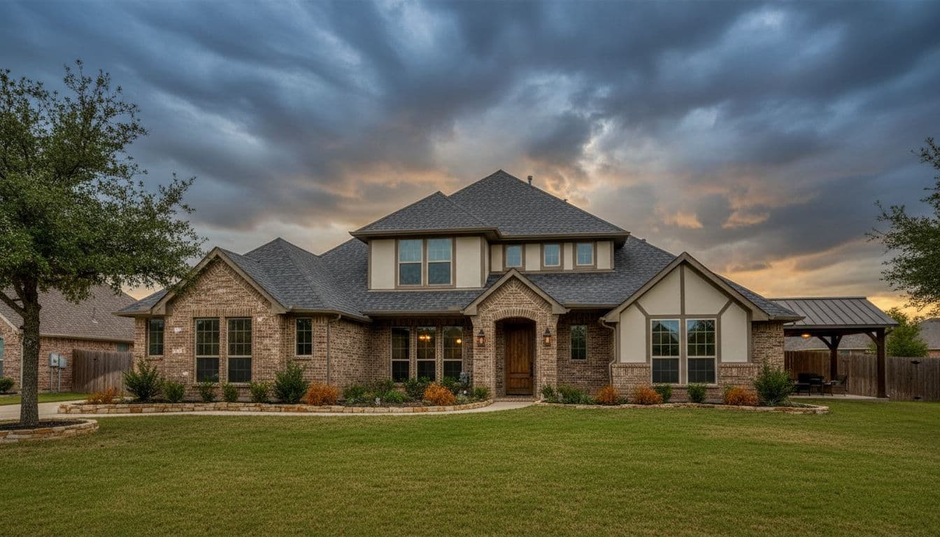 Wide-angle street view of a suburban home in Corinth, TX with a new asphalt shingle roof, energy-efficient windows, and backyard patio cover under a dramatic sky in cinematic style with strong contrast and warm earthy tones.