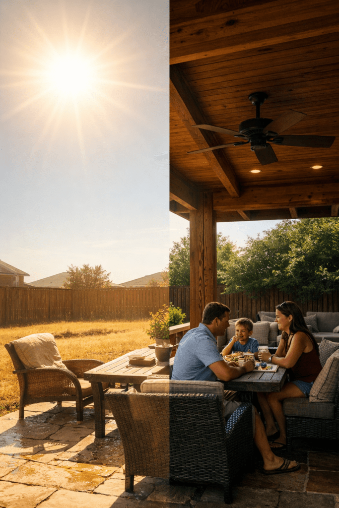 family relaxing comfortably in shaded section strong contrast lighting