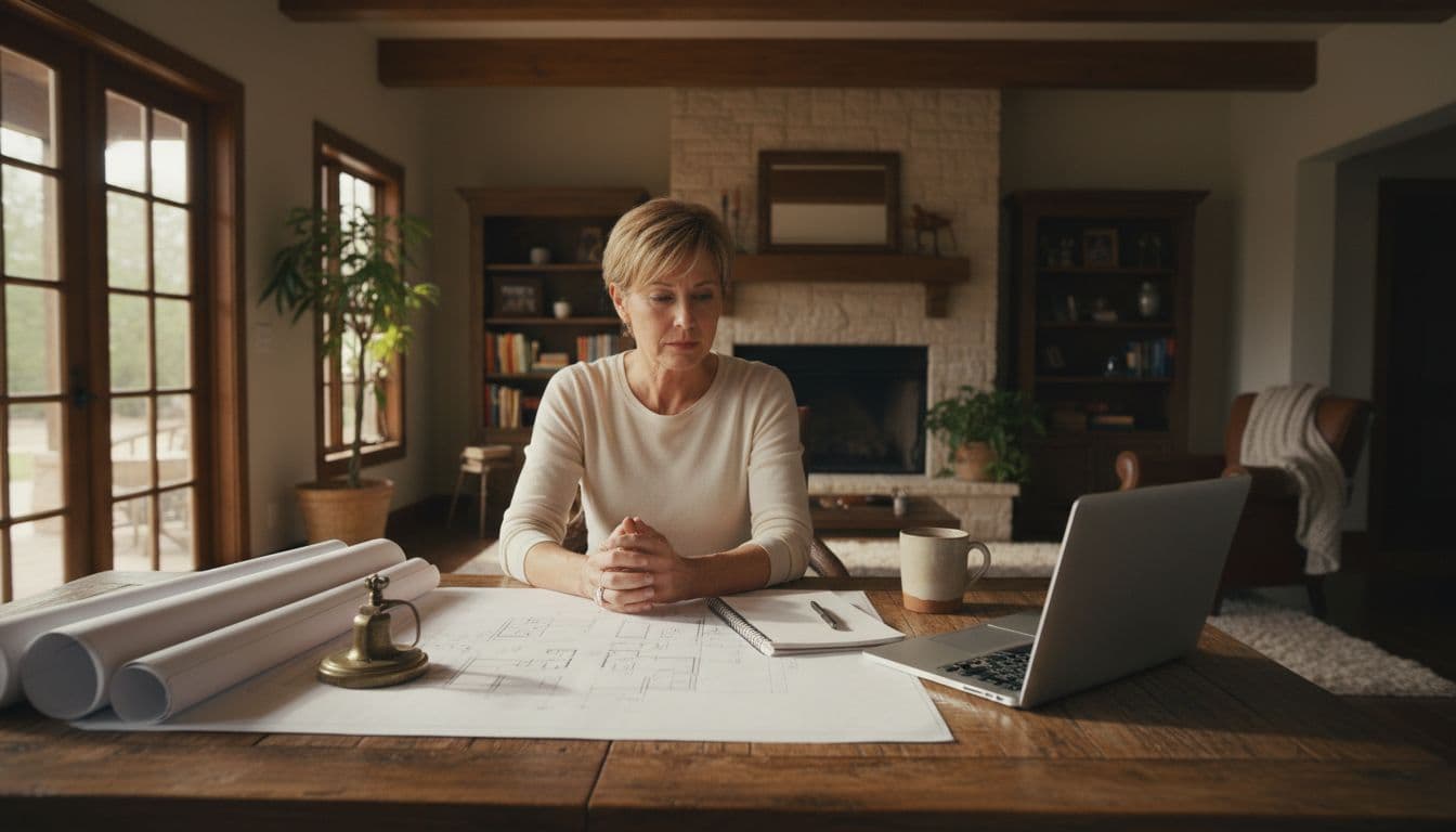 Middle-aged homeowner at wooden dining table in cozy Texas living room reviews paper blueprints and budget notes beside open laptop, with soft sunlight and coffee mug nearby in cinematic style.