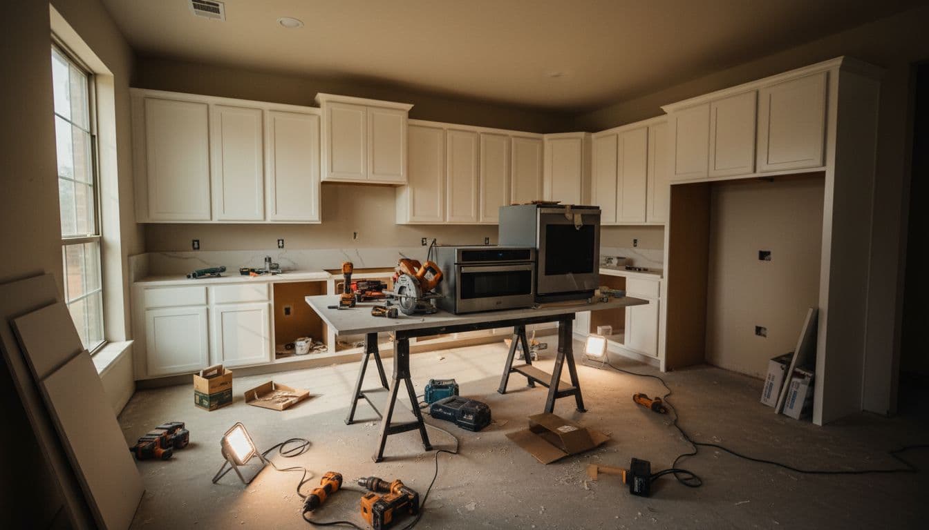 Mid-range kitchen remodel in a Texas suburban home with open layout, half-installed new cabinets, quartz counters, modern appliances on worktable, and tools scattered on floor. Wide-angle corner view with natural daylight, cinematic style, strong contrast and dramatic lighting.
