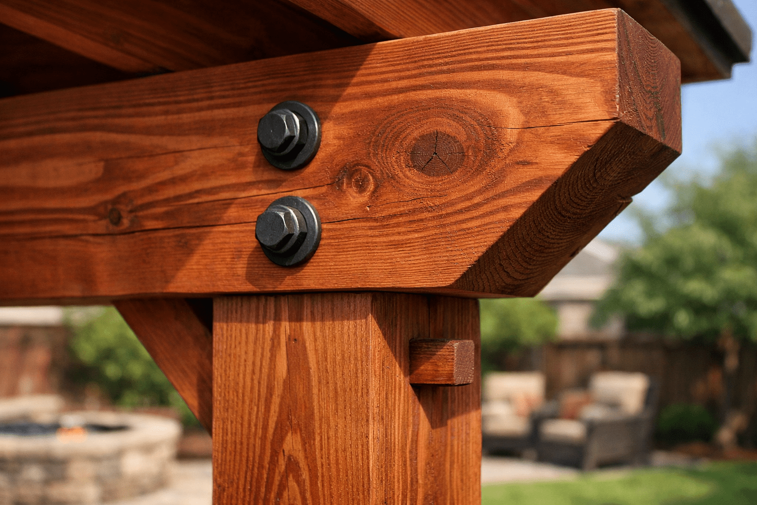 Close-up of cedar grain and joinery on patio cover post and beam