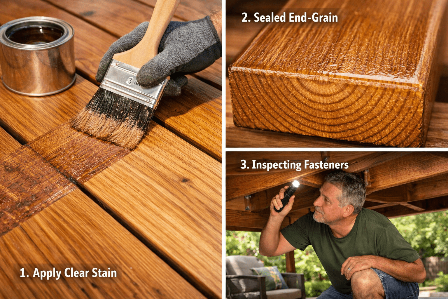 Collage of cedar patio maintenance steps including staining and inspection