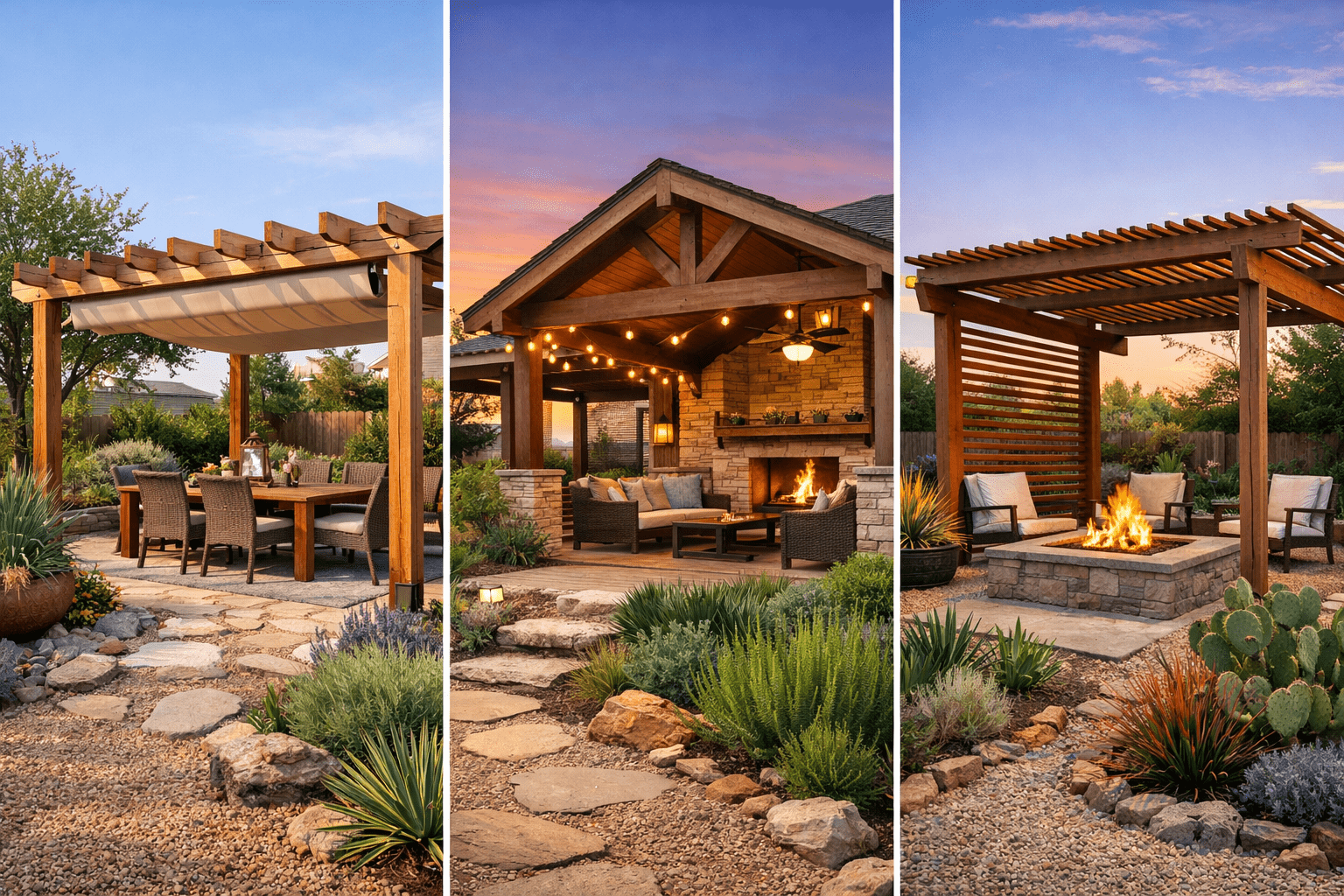 Three vignettes showing cedar pergola styles and North Texas xeriscaping