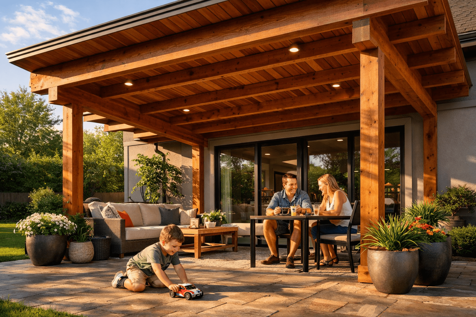 Backyard with newly installed cedar patio cover, family enjoying the space