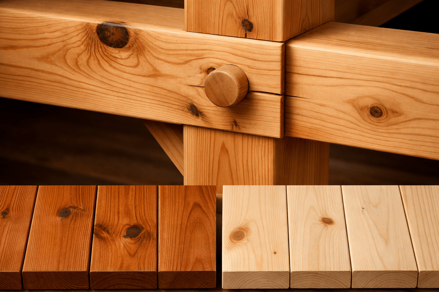 Close-up cedar wood beams and joinery showing grain and finish