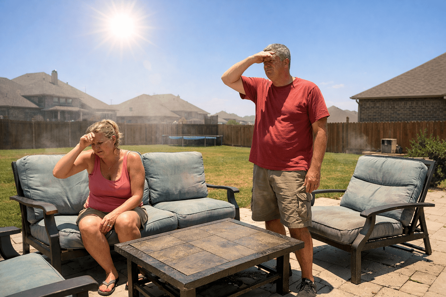 Uncovered backyard patio in Celina TX under harsh midday sun with glare and uncomfortable heat