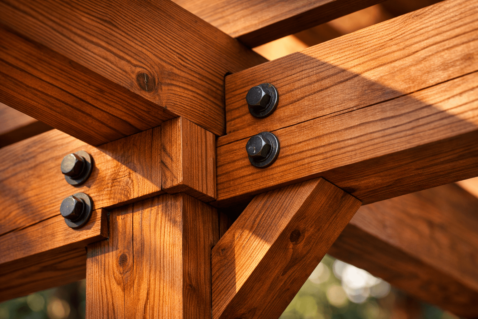 Close-up of cedar patio cover beams and joinery showing rich grain and clean craftsmanship