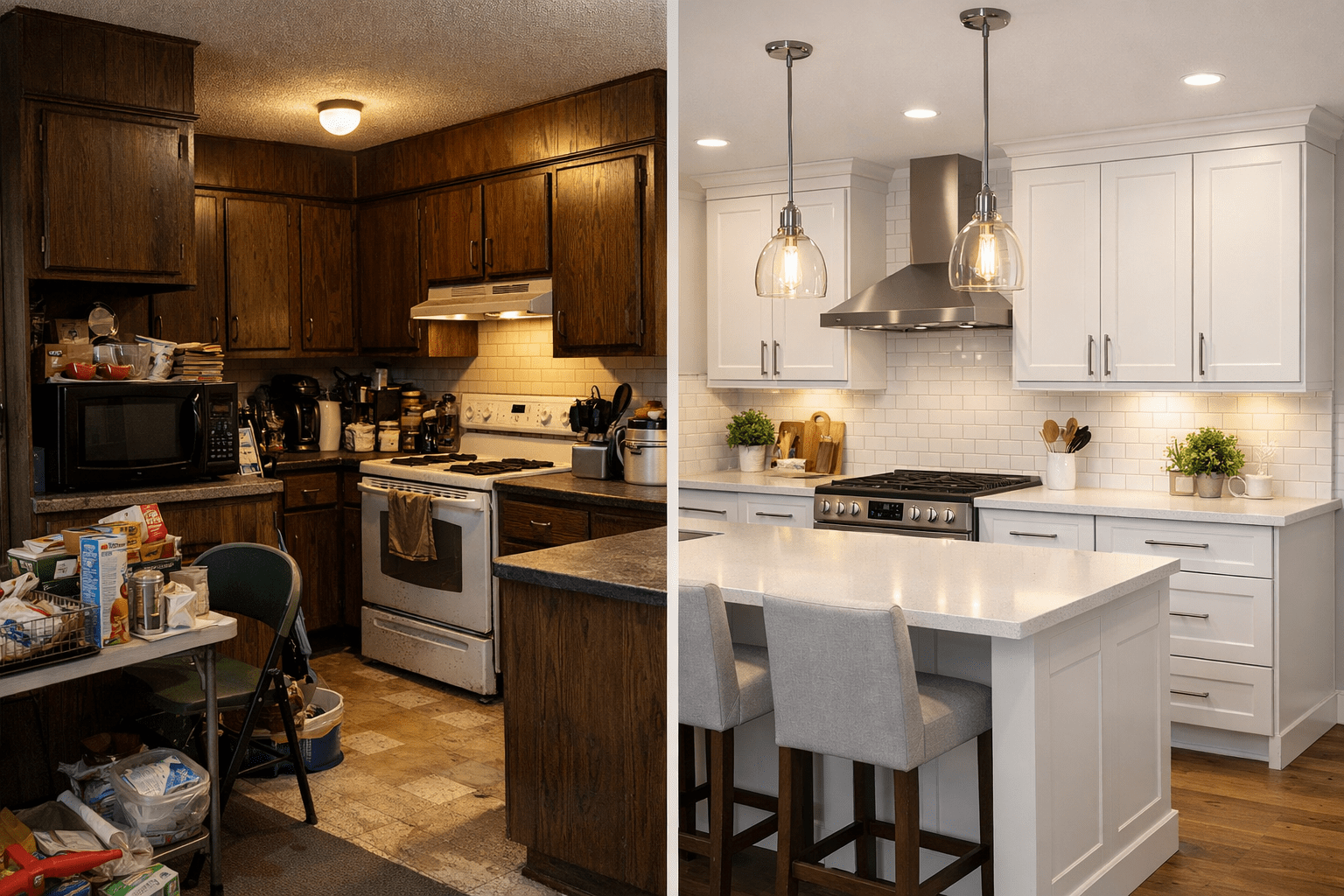 Before-and-after kitchen renovation showing outdated finishes transformed into a bright modern kitchen