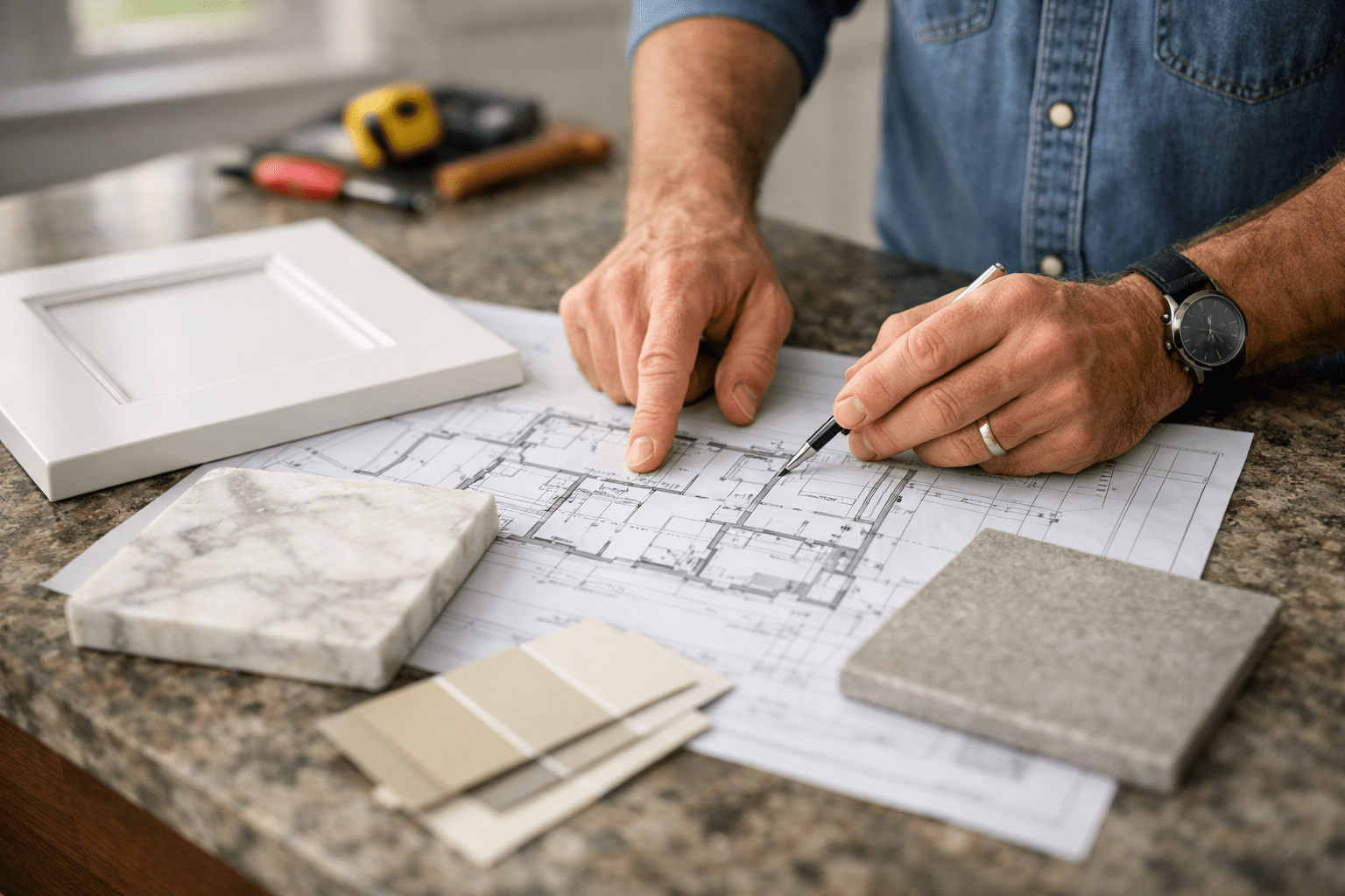 Contractor reviewing renovation plans with material samples on a kitchen island