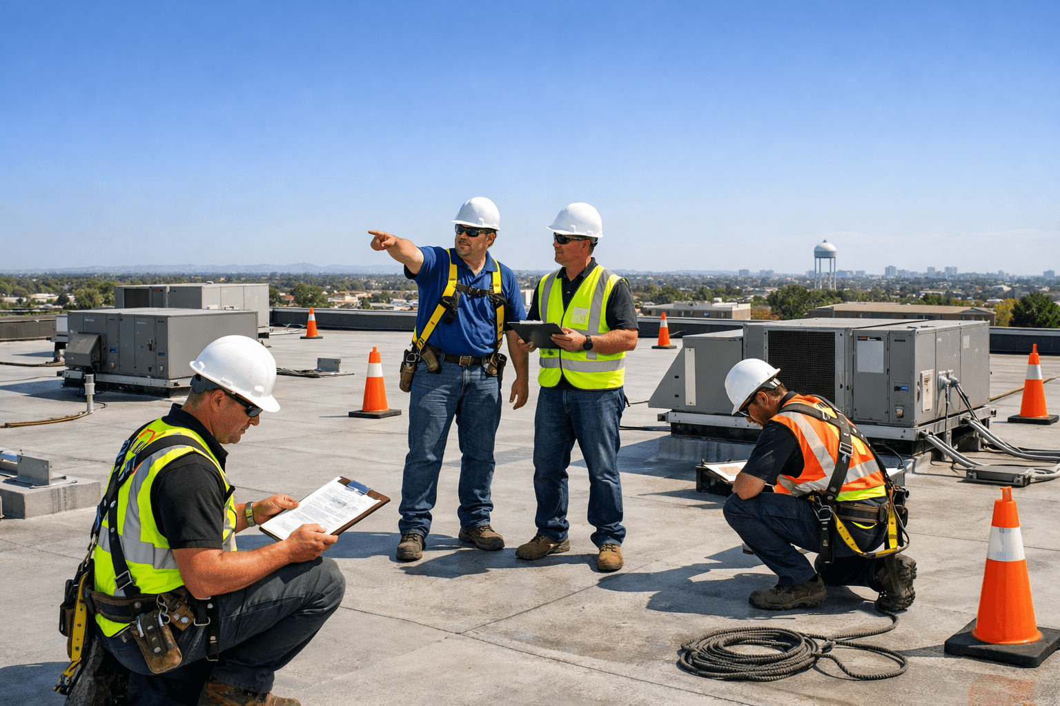 Commercial roofing crew inspecting a flat roof on a North Texas retail building under a clear sky