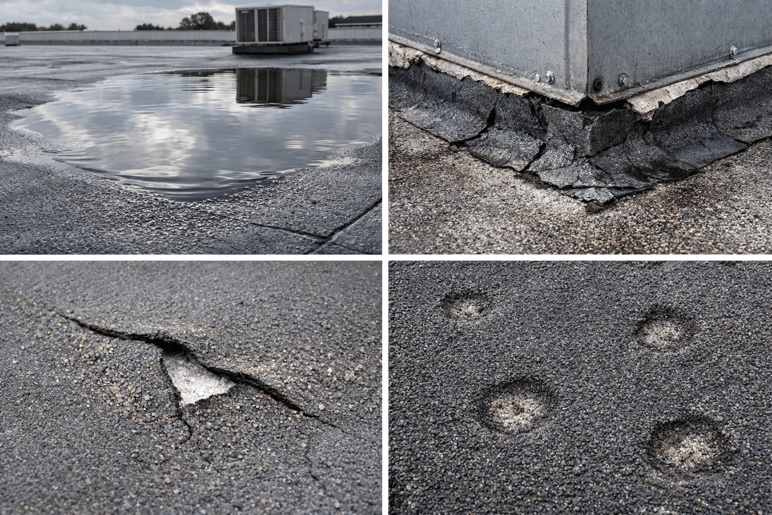 Common commercial roof issues including ponding water, cracked flashing, membrane damage, and hail impact marks