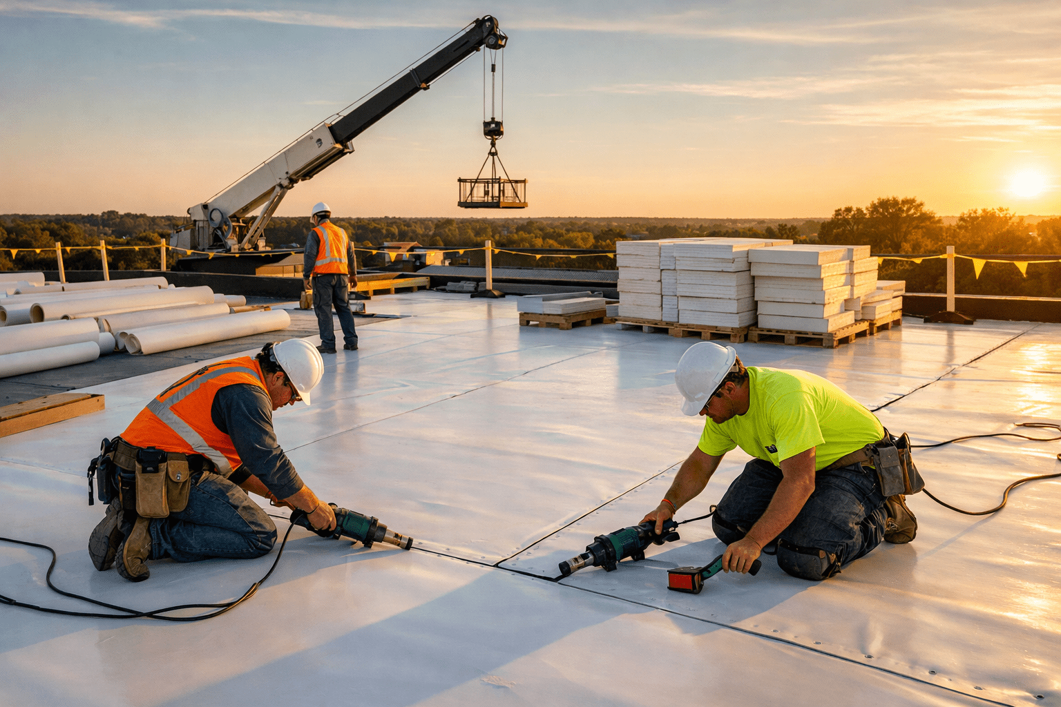 Commercial flat roof replacement with workers installing white TPO membrane and insulation boards on a clean jobsite