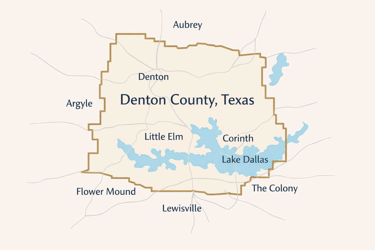 Illustrated map highlighting Denton County, Texas with labeled nearby cities served