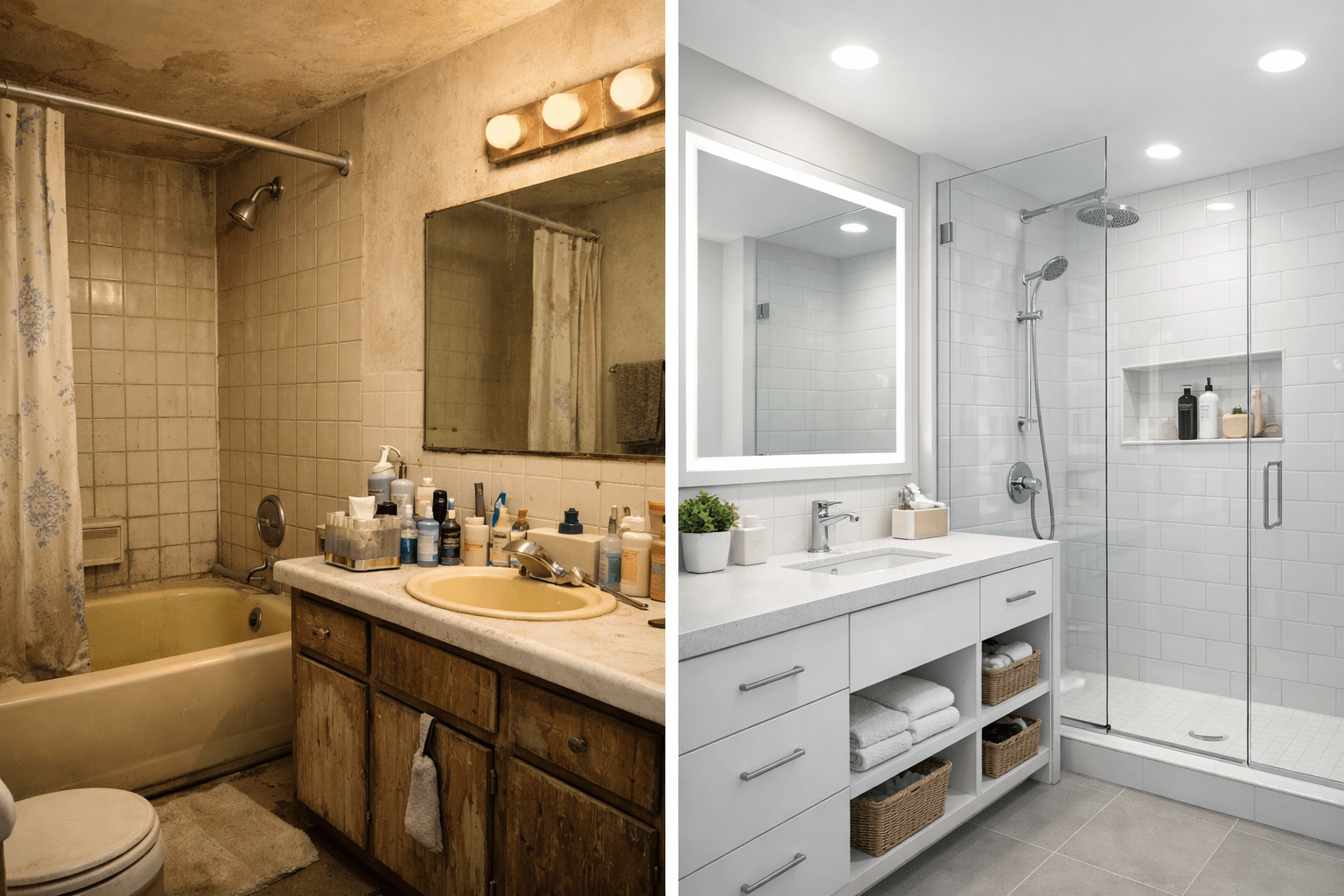 Before and after bathroom remodel showing outdated fixtures transformed into a bright modern bathroom with glass shower and organized storage