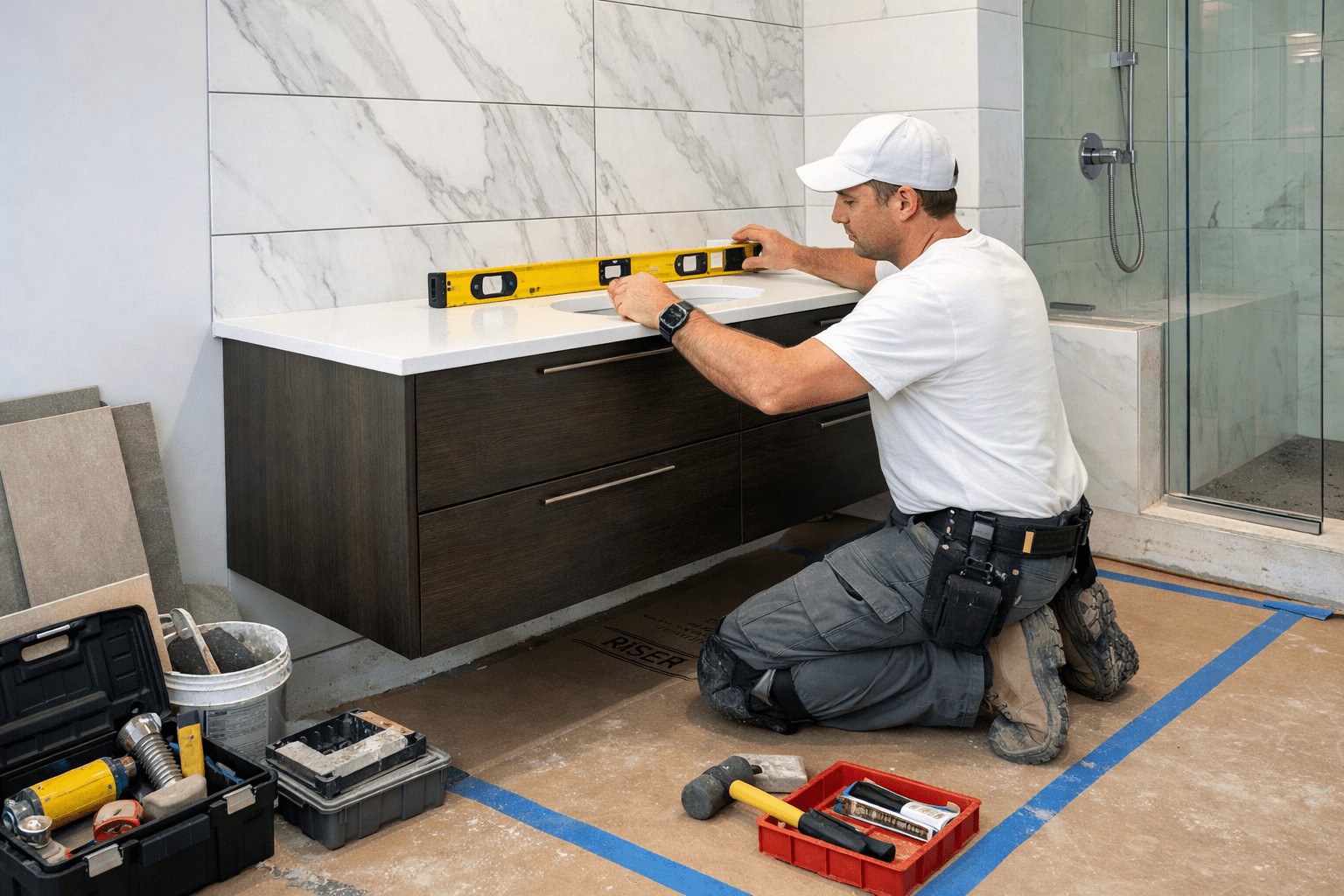 Professional contractor installing tile and fixtures during a bathroom remodel with clean, organized jobsite protections