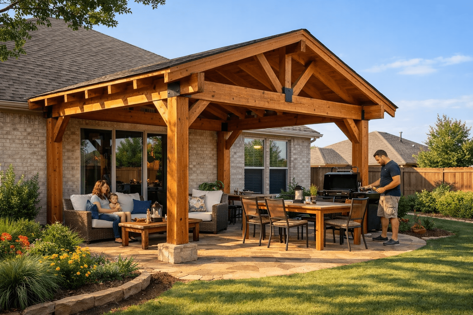 12x16 cedar patio cover attached to a Texas home with shaded outdoor seating