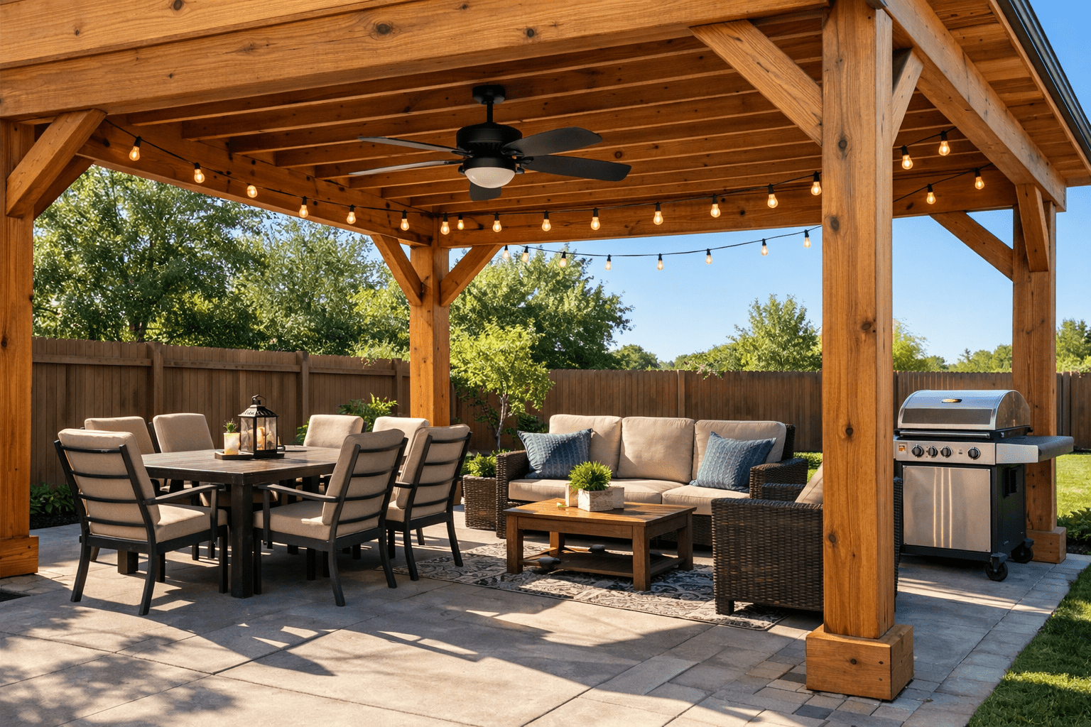 Under a 12x16 cedar patio cover with outdoor dining, seating, and a grill in shaded comfort
