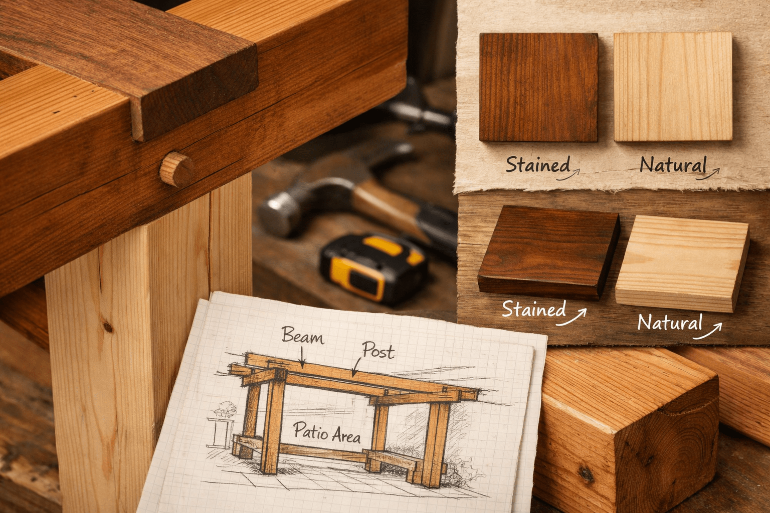 Close-up of cedar craftsmanship, joinery, and finish options for a patio cover design