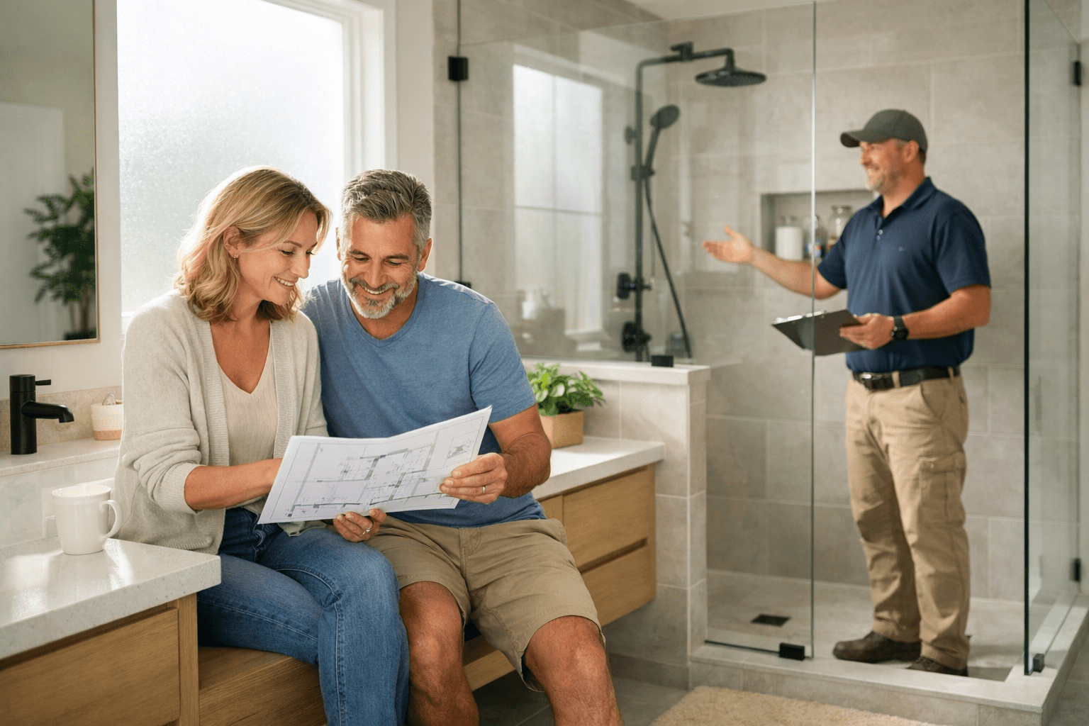 Bright remodeled bathroom with walk-in shower and homeowner reviewing plans