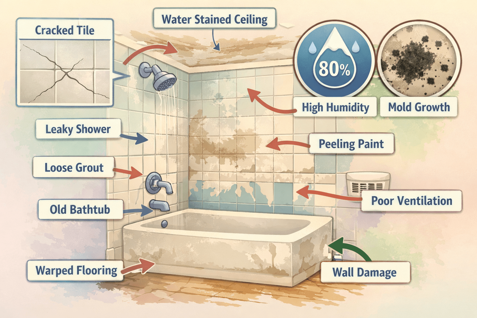Illustration of common bathroom problems: cracked tile, water stains, humidity issues