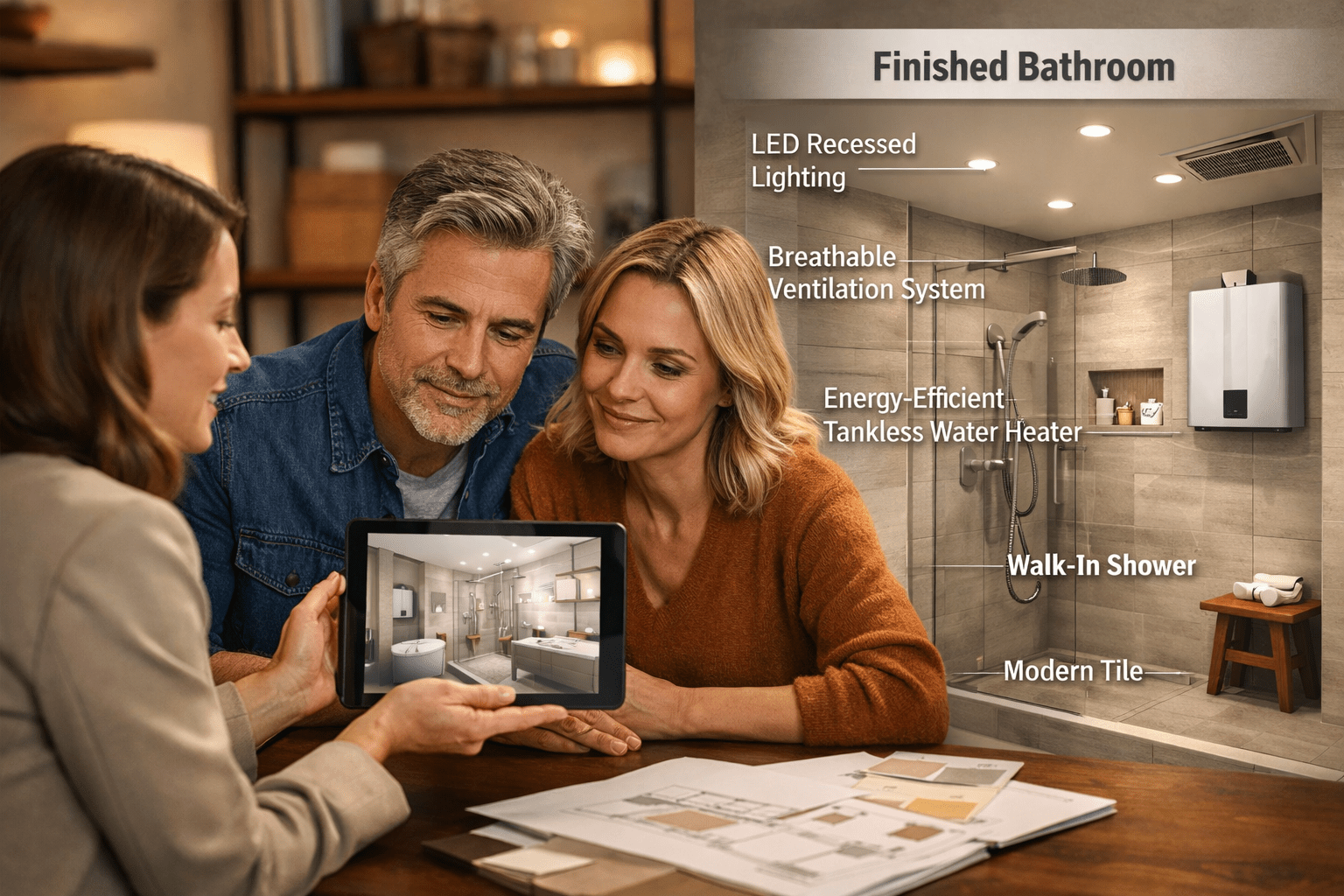 Designer showing 3D bathroom render to homeowners