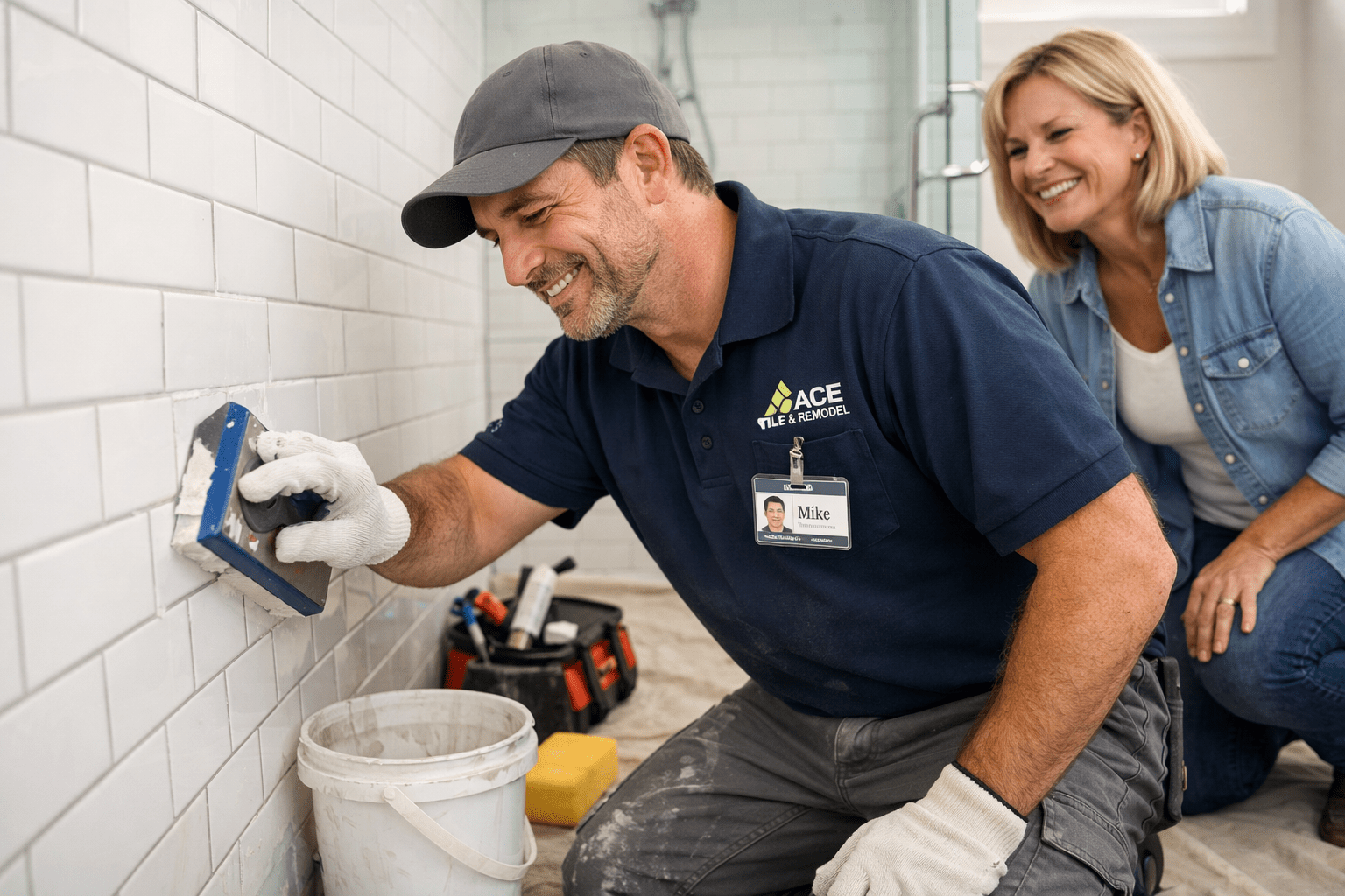 Tradesperson finishing tile grout while homeowner inspects work