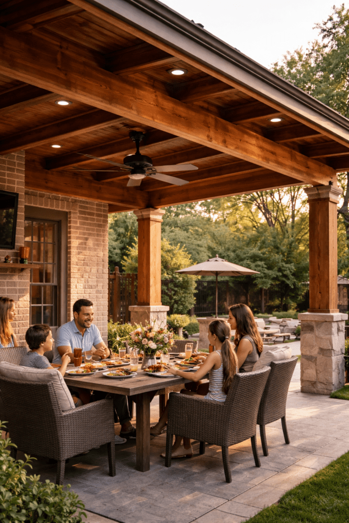 sturdy cedar patio cover providing full shade soft diffused lighting underneath family enjoying outdoor meal comfortably