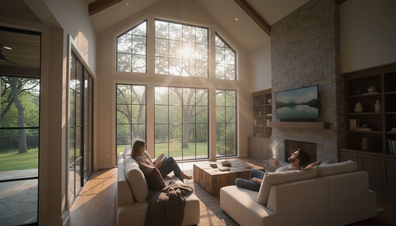 Modern family room with large backyard windows, cozy furniture, two people relaxing in warm light.
