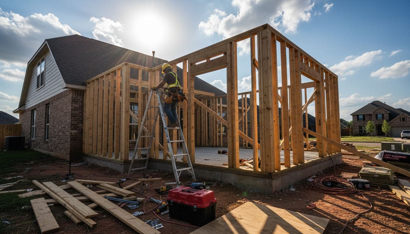 Worker on ladder at suburban home with exposed wooden framing, tools and materials scattered under sunny dramatic shadows.
