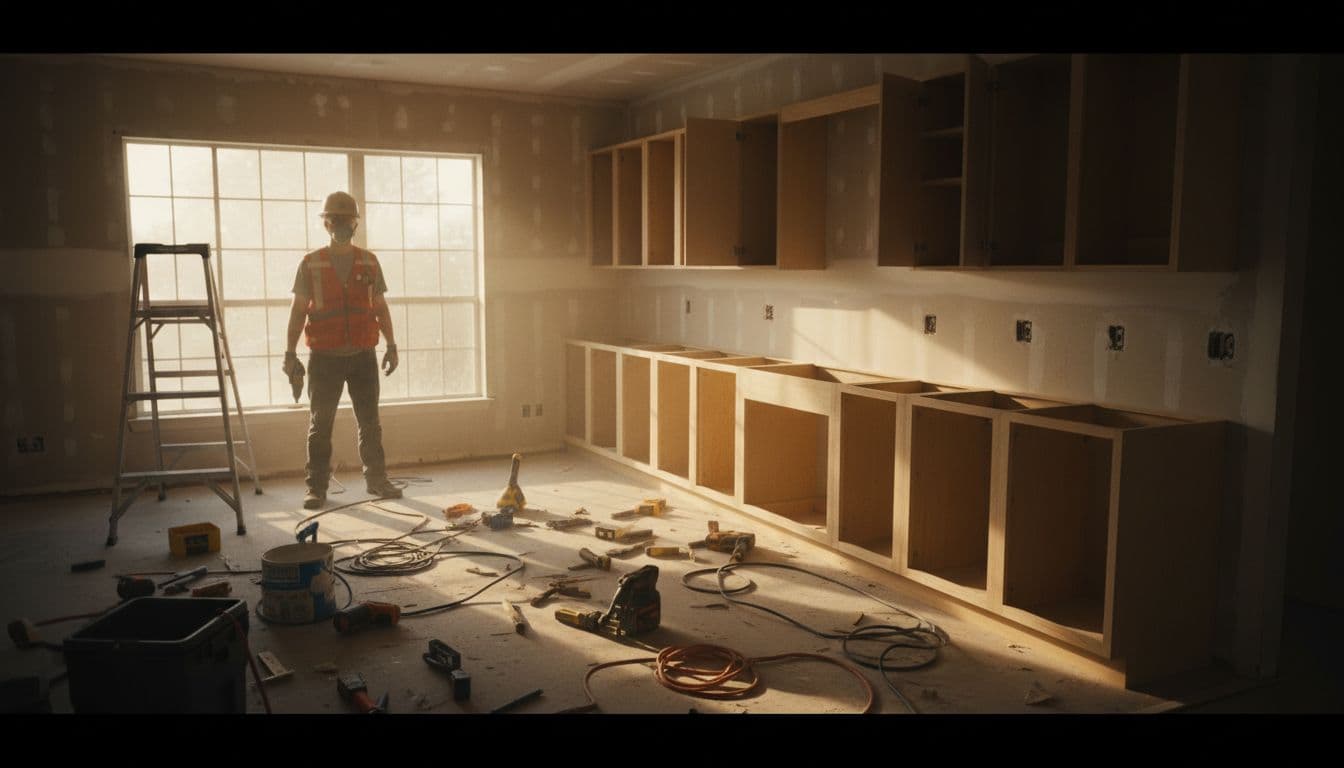 Tools and ladder on floor with partial cabinets, fresh drywall patches, one worker in safety gear in background under window light.