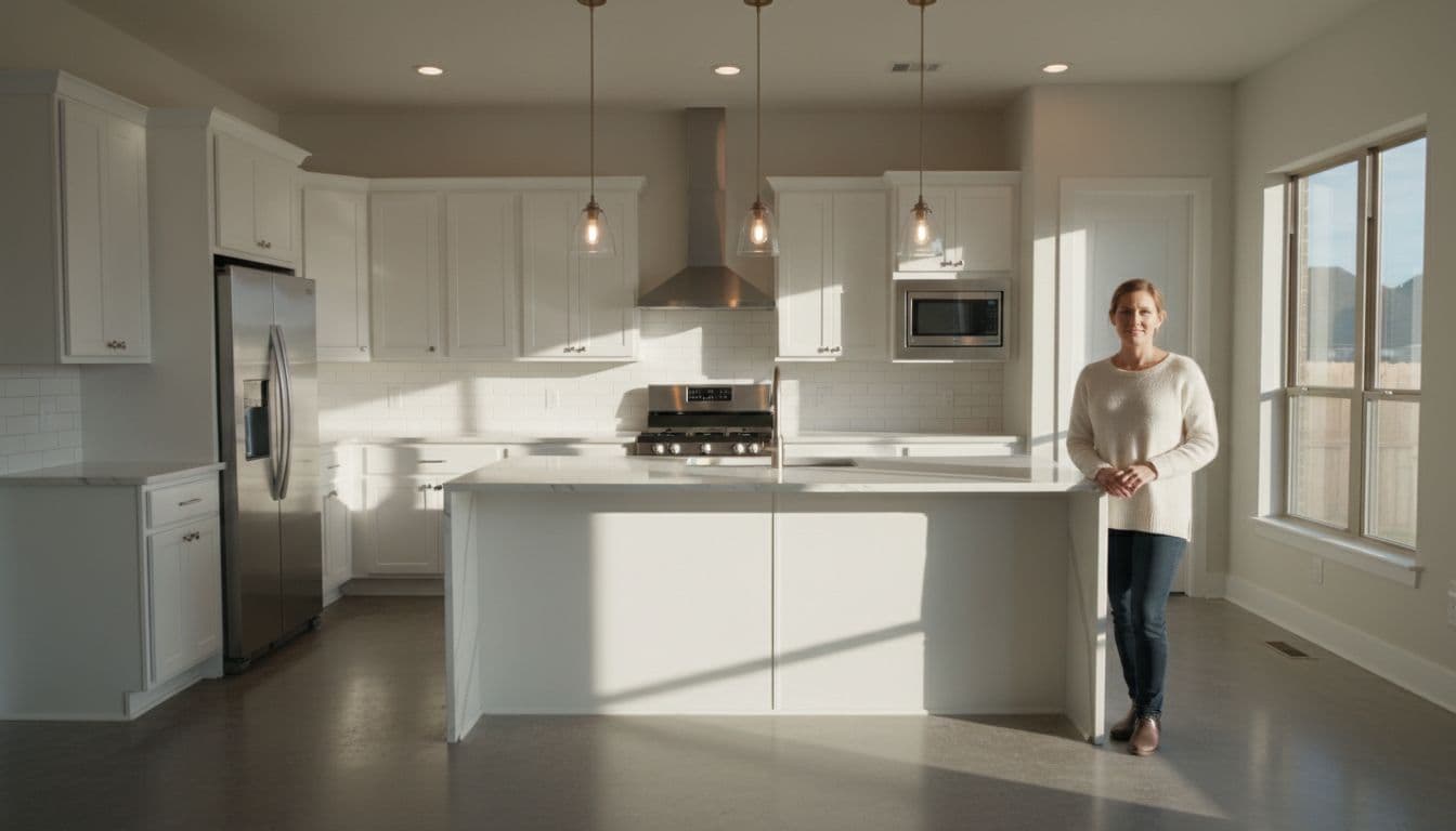 Spacious open-plan kitchen in a North Texas suburban home with white cabinets, quartz countertops, stainless steel appliances, and large island. Female homeowner stands relaxed nearby in warm morning light with cinematic dramatic lighting.