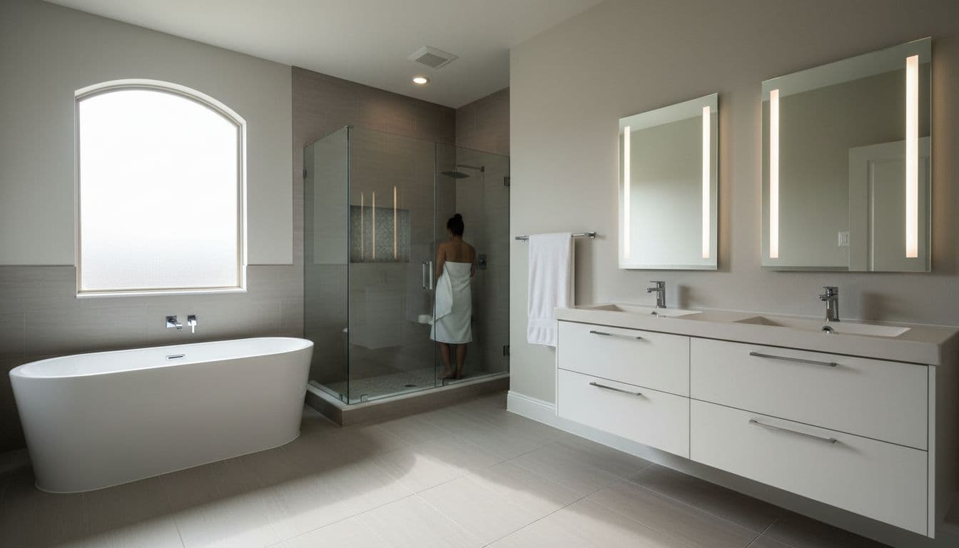 Sleek modern bathroom in a suburban Double Oak TX home featuring white vanity, glass-enclosed walk-in shower, porcelain tile floors, freestanding tub, and soft natural light.
