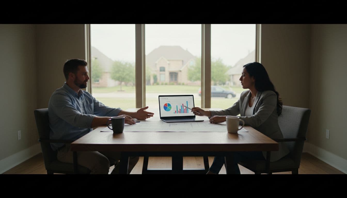 Contractor team, one male and one female, discussing home renovation plans and costs at a table in a Double Oak TX home office with blueprints, laptop, and coffee mugs.
